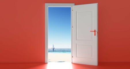 Red Room with the door open for a sky. Door to heaven. Symbol of new career, opportunities, business ventures and initiative. 
 3D Rendering.