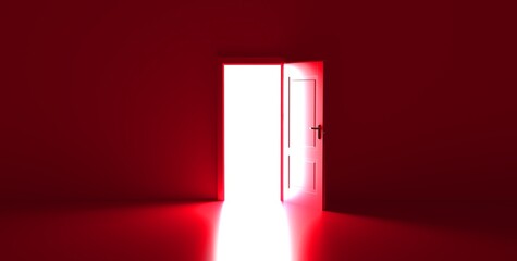 Red Room with the door open for a sky. Door to heaven. Symbol of new career, opportunities, business ventures and initiative.