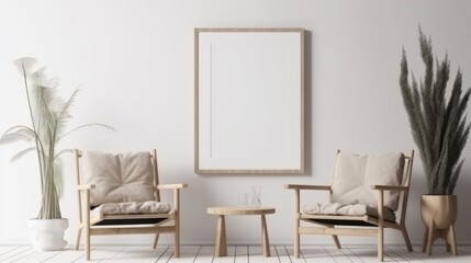  PM
Blank picture frame mockup on a white wall. Modern living room design. View of modern Boho style interior with chair, minimalism concept. Generative AI.