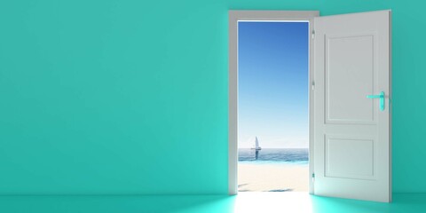 Blue Room with the door open for a sky. Door to heaven. Symbol of new career, opportunities, business ventures and initiative. 
 3D Rendering.