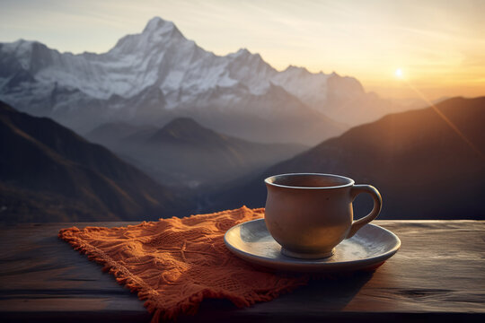 A cup of tea sitting on a table with a view of theMountain in the background. Generative AI