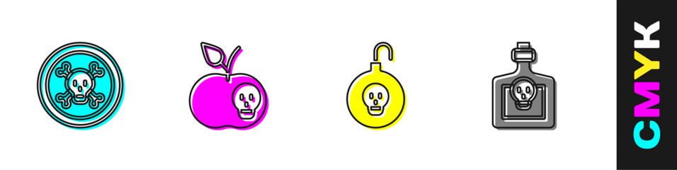 Set Bones and skull, Poison apple, Nuclear bomb and Bottle with potion icon. Vector