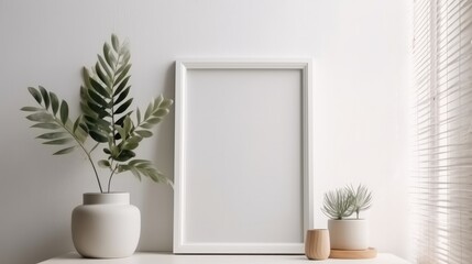 Empty square frame mockup in the modern minimalist interior with plant in trendy vase on white wall background.  Generative AI.
