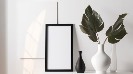 Empty square frame mockup in the modern minimalist interior with plant in trendy vase on white wall background.  Generative AI.