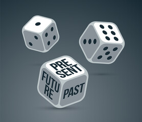 Future past and present dices rolling and choosing vector illustration, concept of living in memories or plans or enjoying life today.