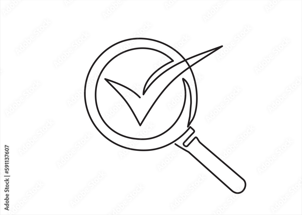 Poster continuous line one drawing of magnifying glass with check mark inside. organization management conc