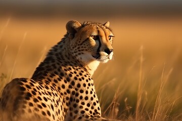 Close-up of cheetah lying in grass looking at camera. Generative AI - obrazy, fototapety, plakaty