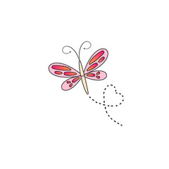 pink dragonfly cartoon charater with happy smiling face and heart trail illustration isolated on a transparent bakground