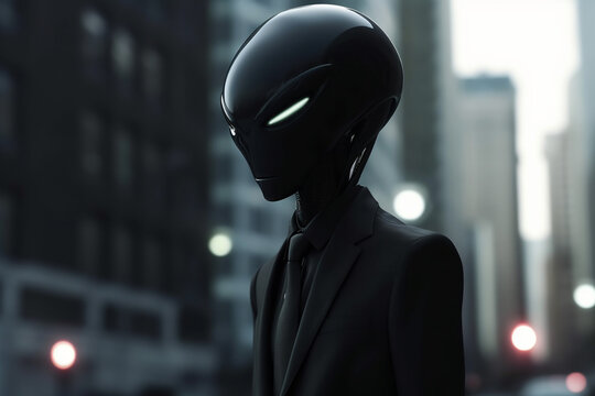 Sci-fi, UFO, alien, man in black and extraterrestrial concept. Scary looking alien in cityscape background. Bald with black skin slim creature wearing black suit. Generative AI