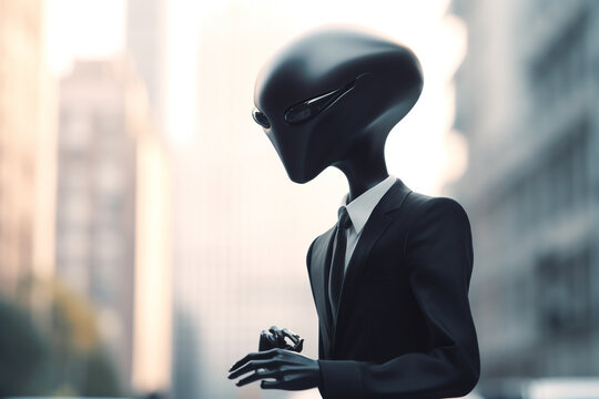 Sci-fi, UFO, alien, man in black and extraterrestrial concept. Scary looking alien in cityscape background. Bald with black skin slim creature wearing black suit. Generative AI