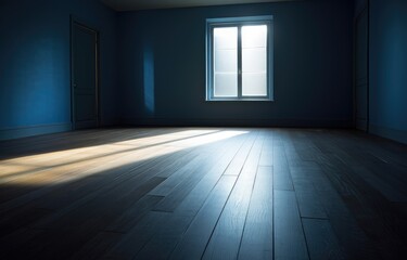 interior design, empty apartment room with a windows, blue walls and wooden parquet, strident shadows through the window