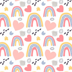 Seamless pattern with cute rainbow and colorful abstract geometric shapes. Hand drawn elements for nursery, baby clothes, textiles, wrapping paper, postcards. Vector cartoon illustration