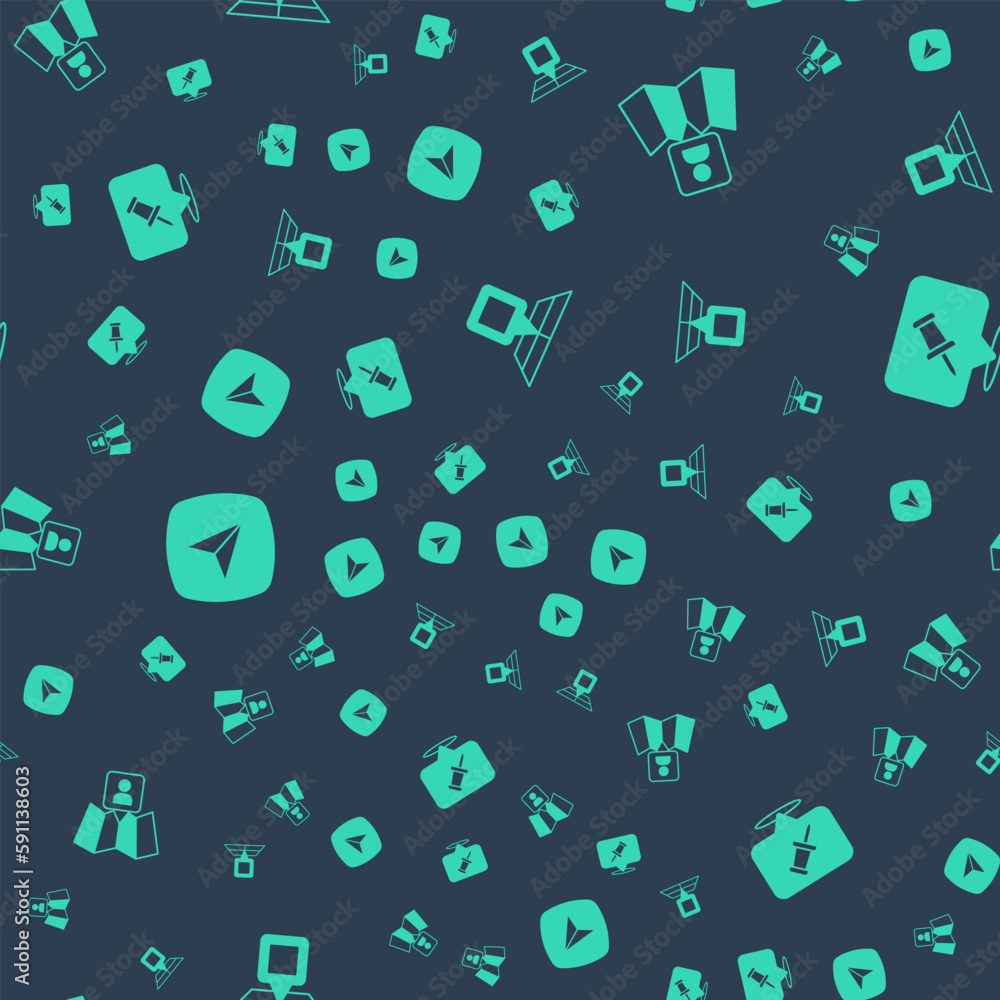 Aufkleber set folded map with location marker, city navigation and push pin on seamless pattern. vector