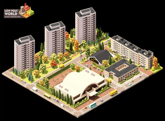 Vector isometric world map creation set. Combinable map elements. Town or city residential area map. Multi storey buildings and streets - 591140414