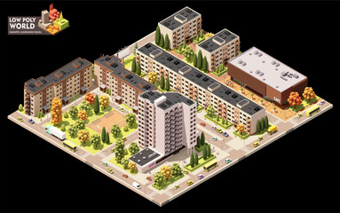 Vector isometric world map creation set. Combinable map elements. Town or city residential area map. Multi storey buildings and streets