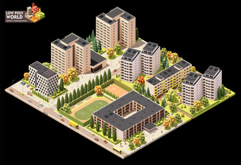 Vector isometric world map creation set. Combinable map elements. Town or city residential area map. Multi storey buildings and streets - 591140474