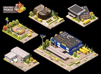 Vector isometric world map creation set. Combinable map elements. Town or city commercial area map