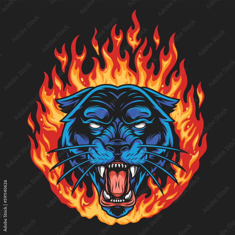 Sticker burning tiger head colorful logotype