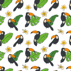 Seamless pattern with toucan bird, green leaves and frangipani. Wild tropical nature. Vector illustration in a flat style. © Khay_Juliya