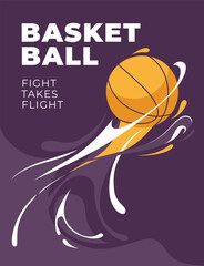 Basketball game poster. The ball flies among the splash. Purple flyer design. Vector flat illustration