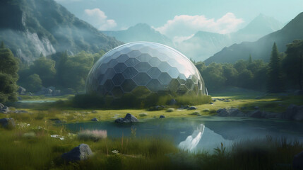 technology harmonises with nature, concept landscape, sustainable, futuristic. Created using generative AI.