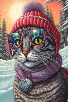 Cat with glasses in winter scarf and beanie