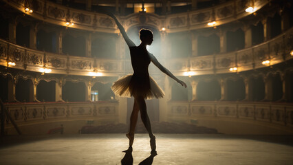 Silhouette of Ballerina in Pointe Shoes and White Tutu Dancing Gracefully on Classic Theatre Stage with Beautiful Ceiling. Female Classical Ballet Dancer Rehearsing her Choreography for the Show © Kitreel