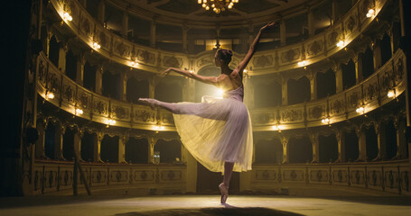 Low Angle Shot of Young Graceful Classical Ballet Female Dancer Performing on Theatre Stage with Dramatic Spotlight Lighting. Woman in a White Tutu Dancing and Rehearsing her Choreography for the Show © Kitreel