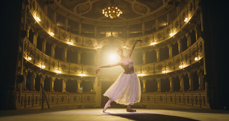 Wide Shot of Young Graceful Classical Ballet Female Dancer Performing on Theatre Stage with Dramatic Spotlight Lighting. Woman in a White Tutu Dancing and Rehearsing her Choreography for the Show © Kitreel