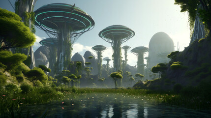 technology harmonises with nature, concept landscape, sustainable, futuristic. Created using generative AI.