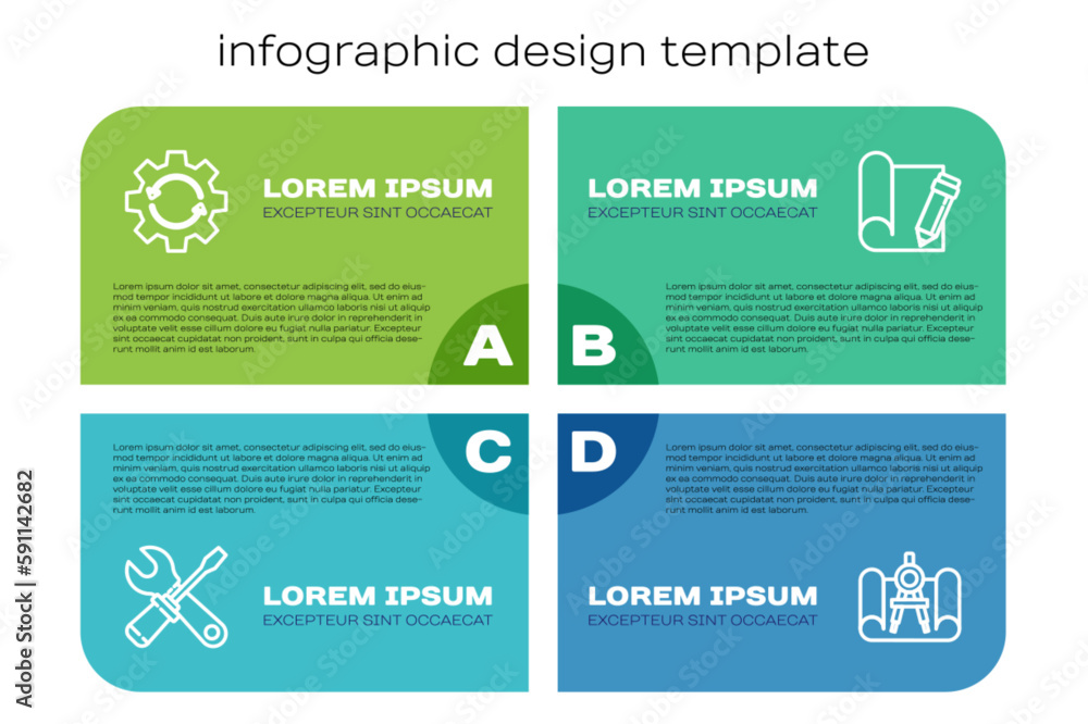 Poster set line screwdriver and wrench spanner, gear arrows as workflow, graphing paper compass and pencil.