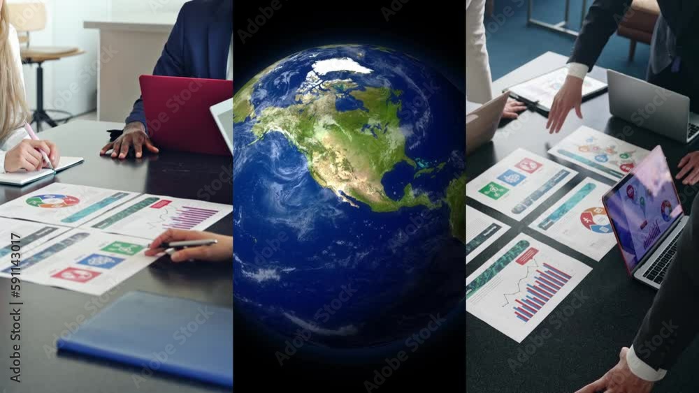 Poster collage movie of global business communication network. transition from white background.