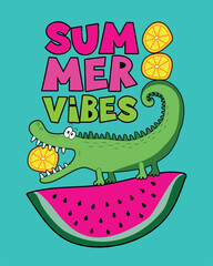Summer Vibes - cool alligator on the watermelon slice. Good for T shirt print, poster, card, label, travel set.