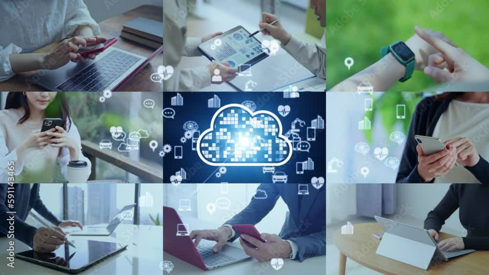 Poster Collage movie of mobile device users and cloud computing concept. Transition from white background.