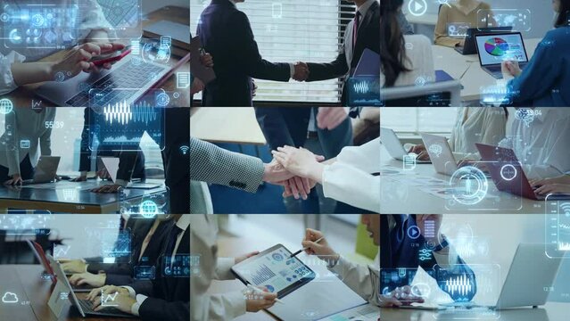 Collage movie of various business scenes. Transition from white background.