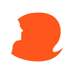 Head of a woman with long flowing hair.