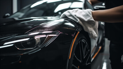 Obraz na płótnie Canvas Shoot of a male hands carefully polishing his car with a microfiber cloth