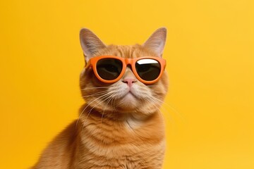 Portrait of red cat wearing orange sunglasses and looking at camera on yellow background. Generative AI