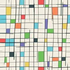 Fototapeta premium Grid structure with colored shapes and tremulous hand drawn lines. Cool endless vector background for wallpaper or packaging. Creative cube seamless pattern.