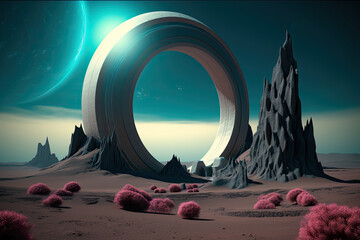 sci fi alien landscape with round structure, gate in the desert. Generative AI image.