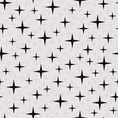 Monochrome seamless pattern with four-pointed stars and dotted star shapes in back. Repetitive vector background for packaging or wallpaper.