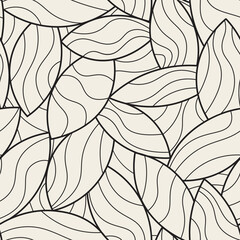 Randomly overlapping leaf mosaic vector background. Leaves with undulated lines grid. Monochrome seamless pattern.