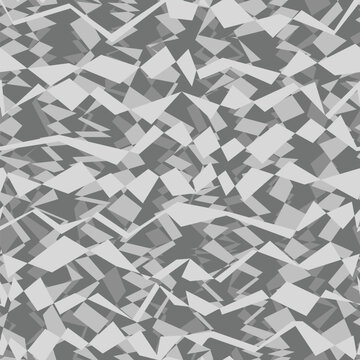 Repetitive asymmetrical shapes with shades of gray for camouflage texture. Abstract geometric seamless pattern for camo uniform.