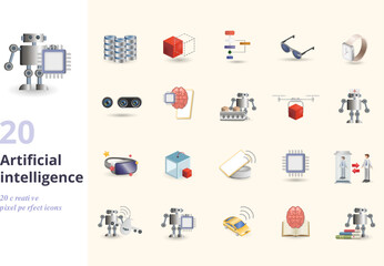 Artificial intelligence set. Creative icons: big data, pattern, algorithm, smart glasses, smart watch, smart lens, neural interface, robotic conveyor, air drone, medical nanorobot, virtual reality