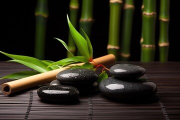 Fototapeta na wymiar Zen basalt stones and bamboo on bamboo mat - beauty treatment background. Generative AI