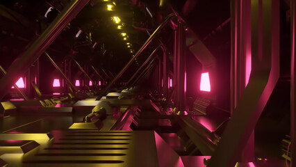 Neon tunnel on the big bridge. Spaceship in space. Yellow purple light.