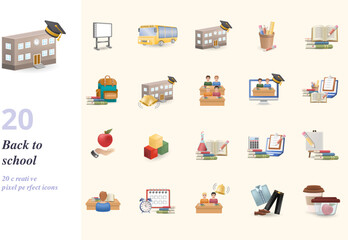 Back to school set. Creative icons: interactive board, school bus, school, school pencil case, notebooks and books, school bag, school alarm, class with students, online school, homework, newtons