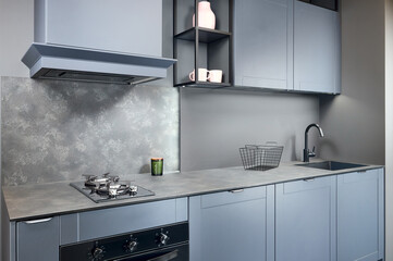 Blue grey contemporary kitchen linearlayout with hood two burners gas cooker hob oven and built in...