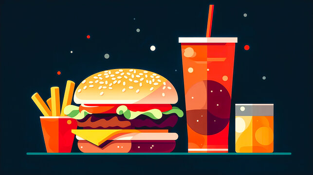 Creative illustration with burger, fries and soda, generative AI.
