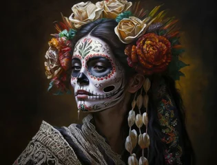 Foto op Plexiglas Carnaval catrina woman dressed in a mexican chiapas costume with a black Day of the Dead skeleton woman painting Generative AI